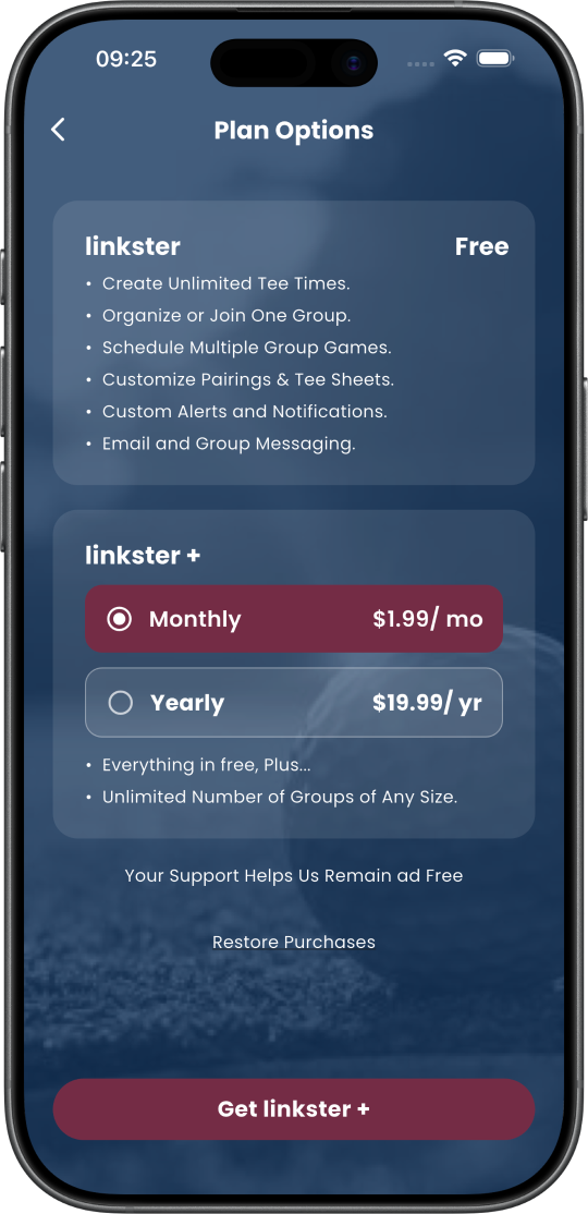 Linkster plan options screen